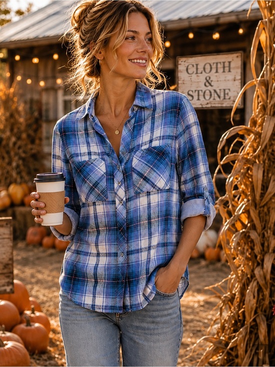 Anthropologie Tops - Anthro’s Cloth & Stone,Breezy Plaid Button Down Blouse,Sinfully Soft,Button Up